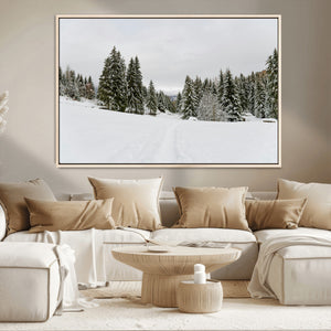 Frosty Pines Wall Art Canvas Print – Framed Silent Snowfall