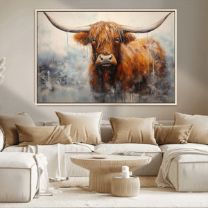 Scottish Highland Wall Art Canvas Print, Framed Longhorn Art