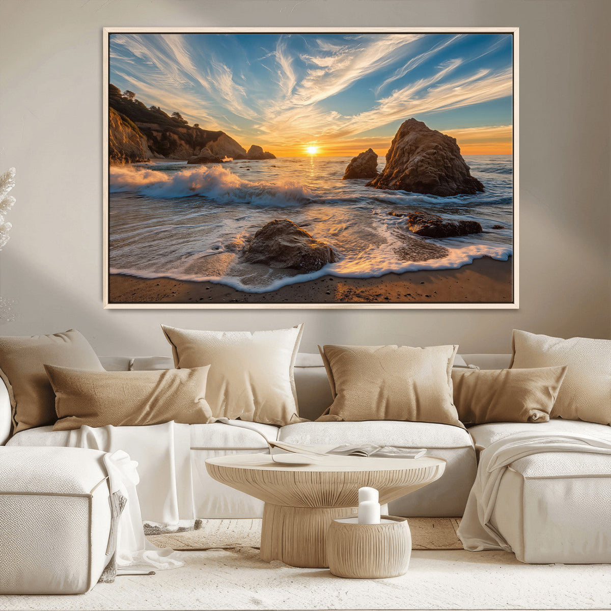 Rocky Ocean Sunset Wall Art Print – Seaside Canvas Dramatic