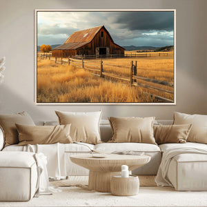 Golden Sunset Barn Wall Art Canvas Print, Rustic Autumn Farm