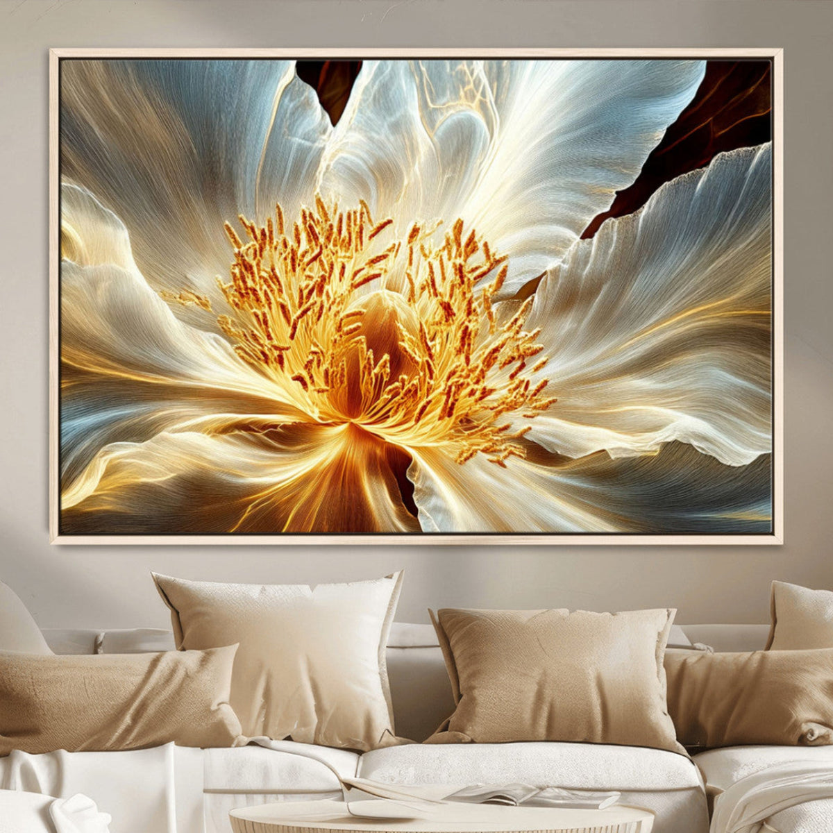 Golden Abstract Flower Canvas Wall Art, Modern Botanical