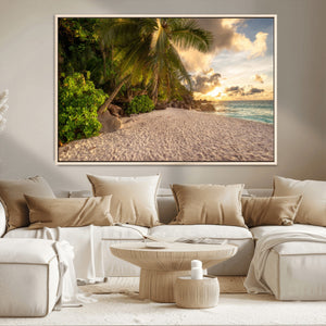 Tropical beach sunset, palm trees, white sand, ocean waves,