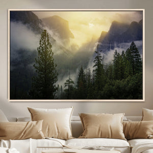 Misty Mountain Valley Wall Art Canvas Print, Golden Sunrise