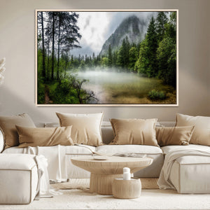Misty Lake Forest Wall Art – Green Trees Calm Water