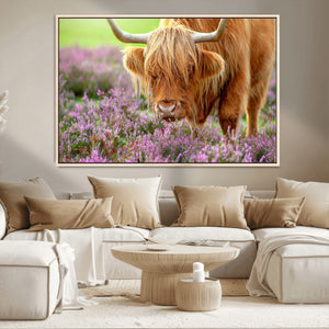 Highland Cow Wall Art Canvas Print – Framed Purple Flowers