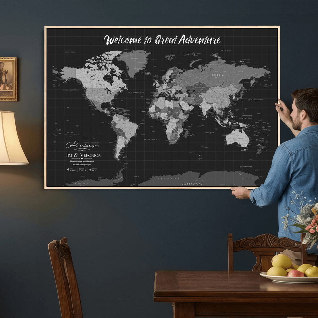 Custom World Map Canvas with Pins – Custom Framed Push Pin Maps - NEWMAP-21