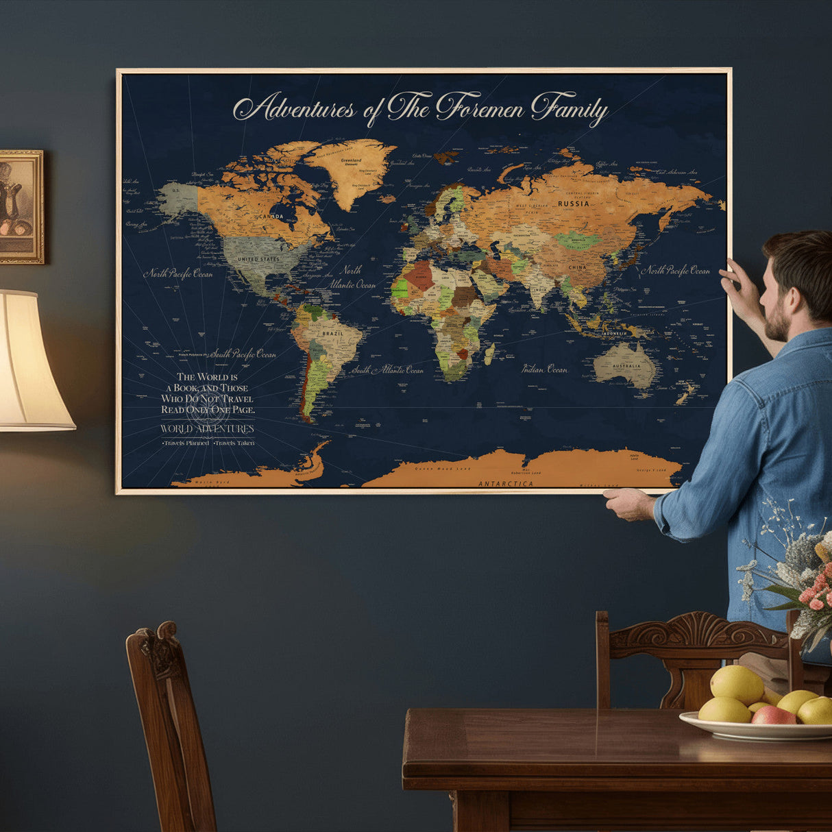 Custom Push Pin World Map Wall Art Canvas Print – Personalized Travel Tracker with Pins Framed Large for Home and Office Decor