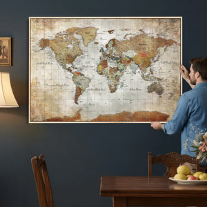 World Map Wall Art Canvas Print, Modern Decorative Framed Map Artwork Prints for Living Room, Office, Bedroom Wall Decor