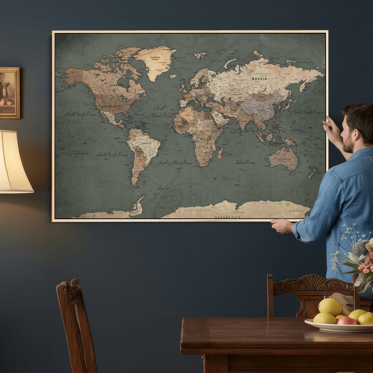 Rustic Black and Wood World Map Canvas Wall Art – Framed
