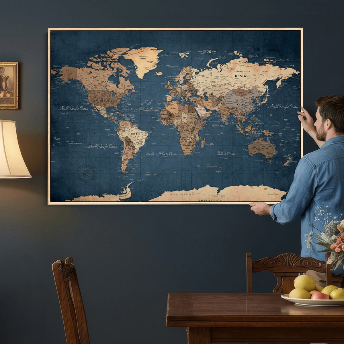 Navy Blue World Map Canvas Print – Framed Travel Map Wall