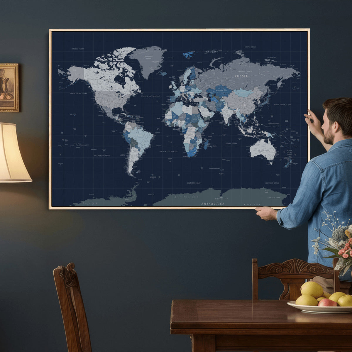 Blue Detailed World Map Wall Art Canvas Print, Modern Framed