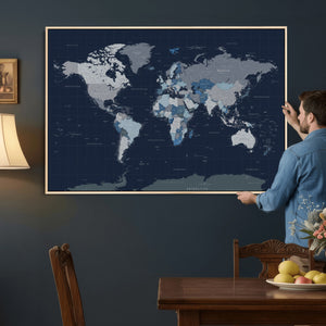Blue Detailed World Map Wall Art Canvas Print, Modern Framed