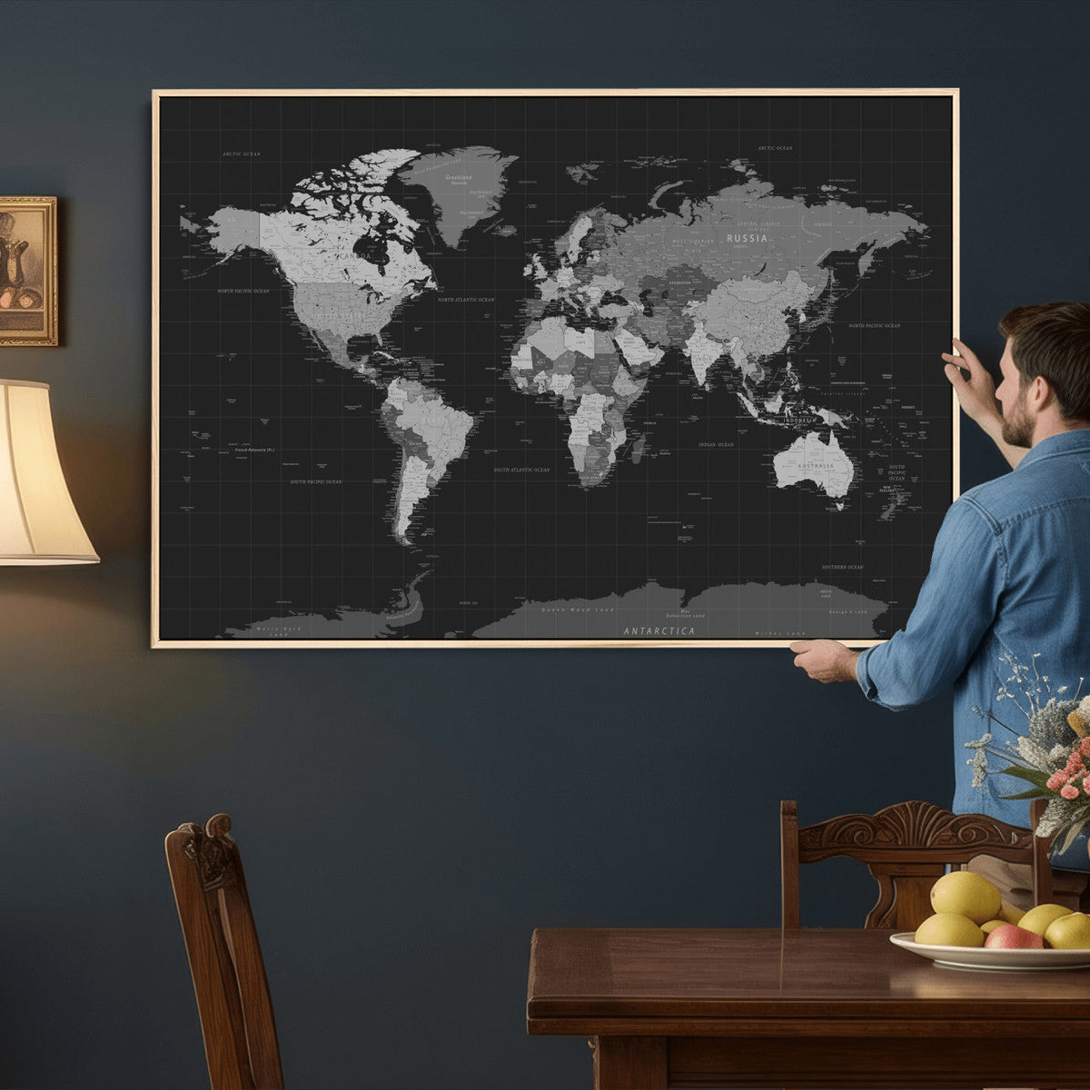 Black World Map Wall Art Canvas Print – Detailed Map of the