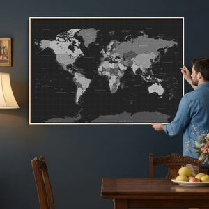 Black World Map Wall Art Canvas Print – Detailed Map of the