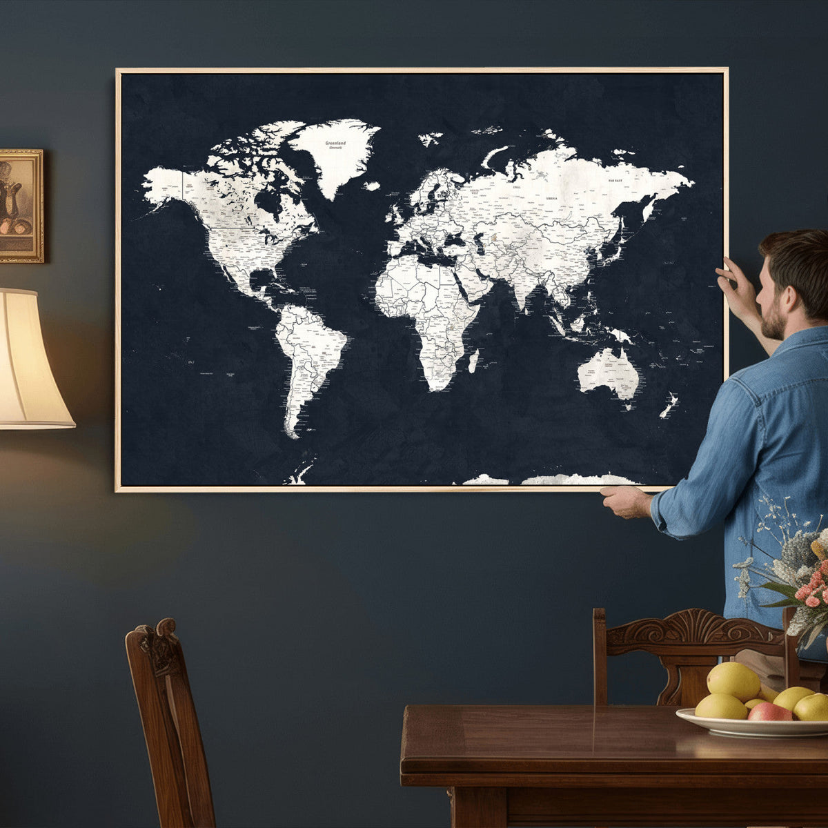 Black World Map Wall Art Canvas Print for Home Office and