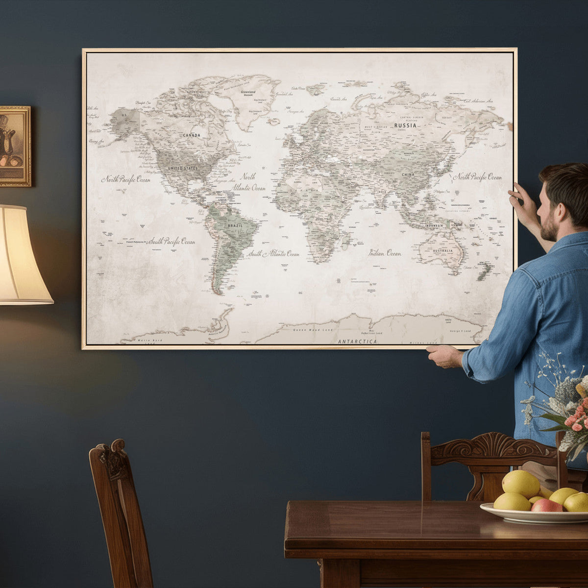 Antique Style World Map Canvas Print - Vintage Detailed