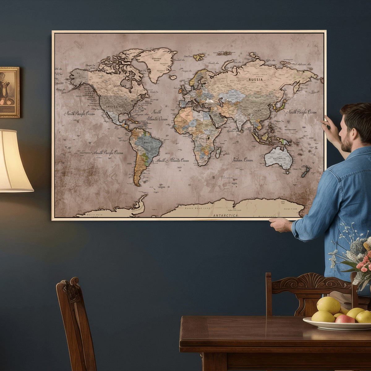 Grunge World Map Canvas Wall Art - Vintage Aged World Map