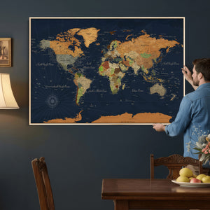 Modern World Map Canvas Print – Framed Detailed Map of the