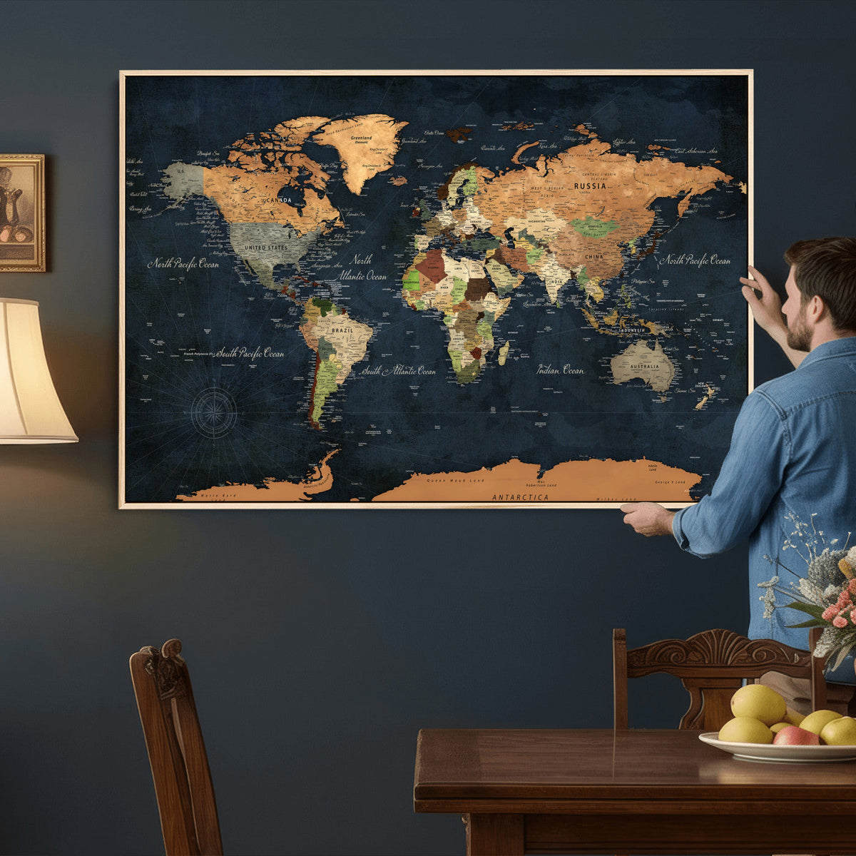 Vintage World Map Canvas Wall Art – Detailed Map with