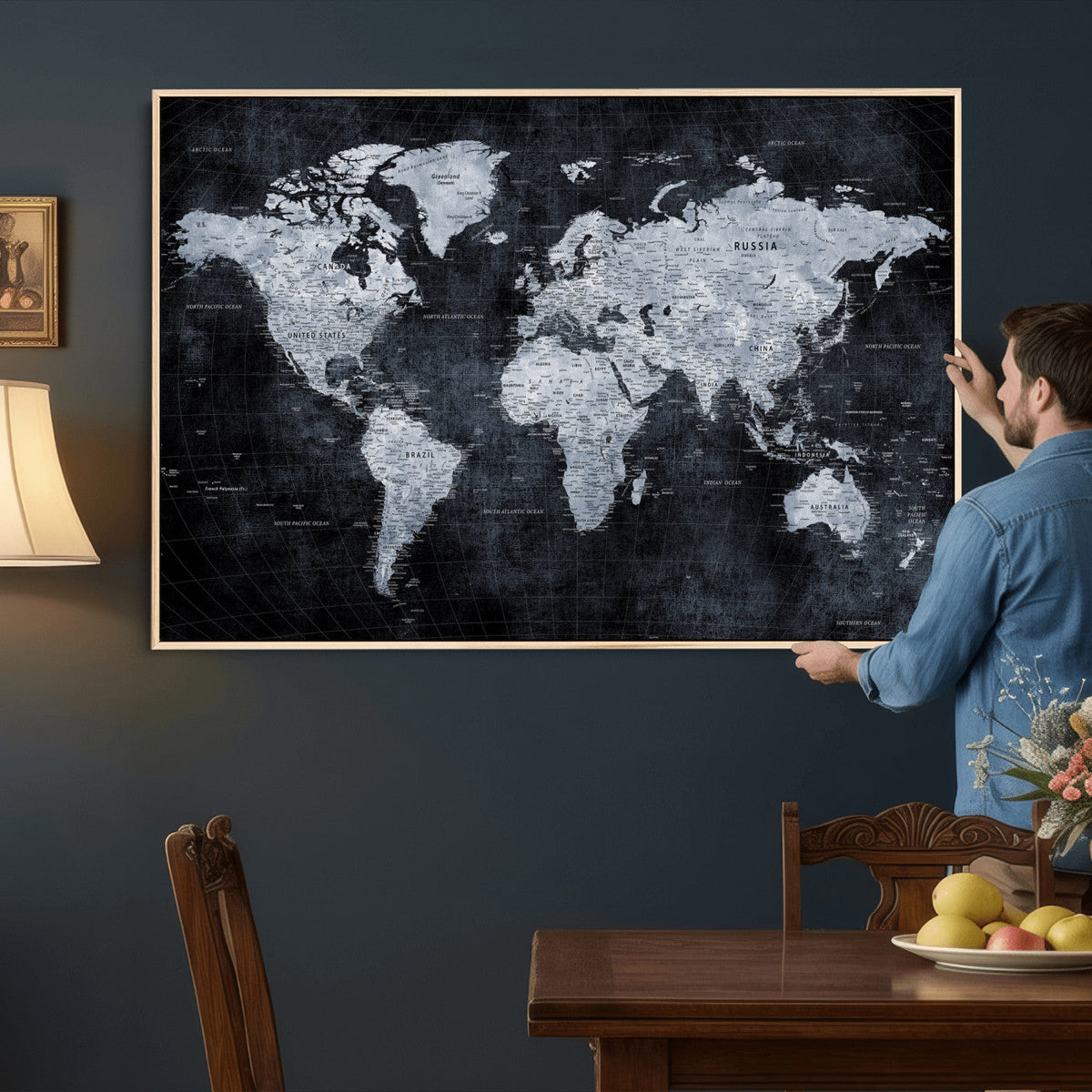 Black World Map Canvas Print – Detailed Map for Couples and