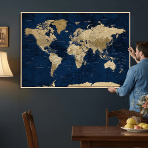 Navy Blue World Map Canvas Print – Detailed Map Minimal Navy