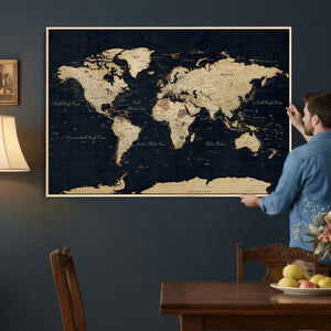Dark World Map Canvas Wall Art Print, Minimal Black and Gold