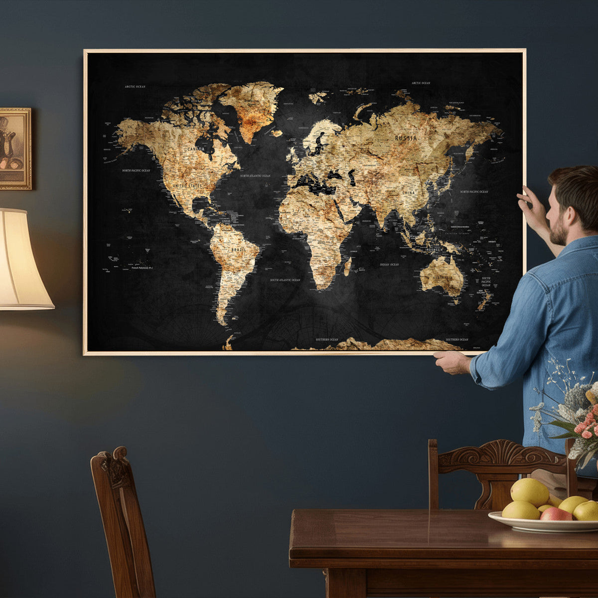 World Map Canvas Wall Art with Famous Landmarks – Framed