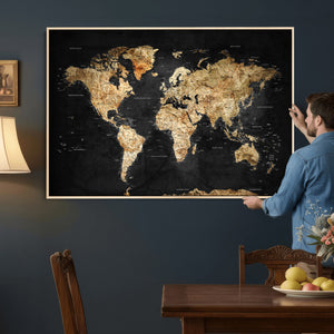 World Map Canvas Wall Art with Famous Landmarks – Framed