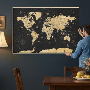 Vintage Blue and Brown World Map Canvas Wall Art – Framed