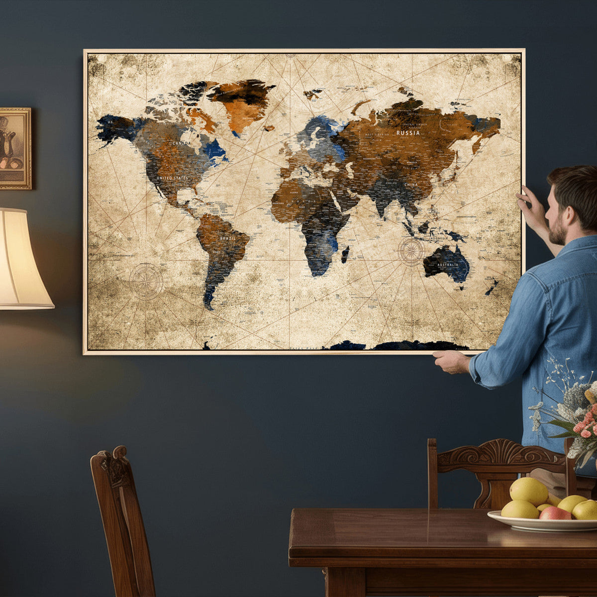 World Map Wall Art – Rustic Earth Tone Canvas Print, Antique