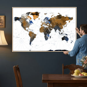 World Map Wall Art Canvas Print, Modern Decorative Framed