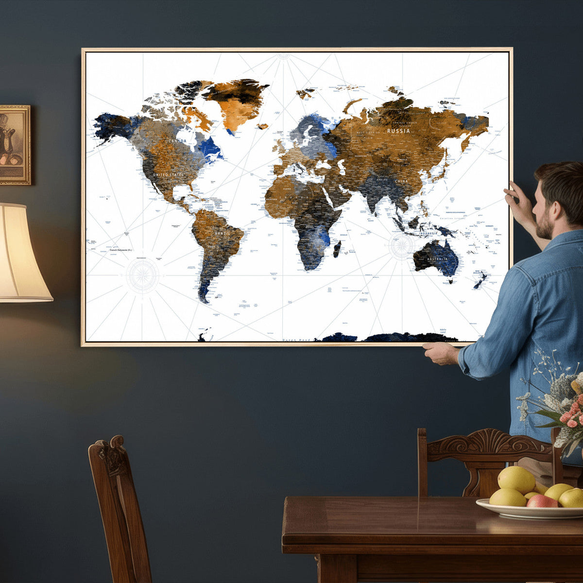 Colorful Watercolor World Map Canvas Wall Art – Framed