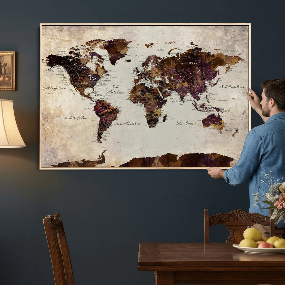 World Map Canvas Triptych – Colorful Global Wall Art for