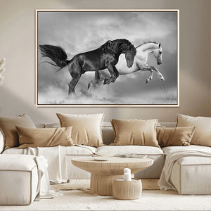 Wild Horses Wall Art Canvas Print – Framed Black and White