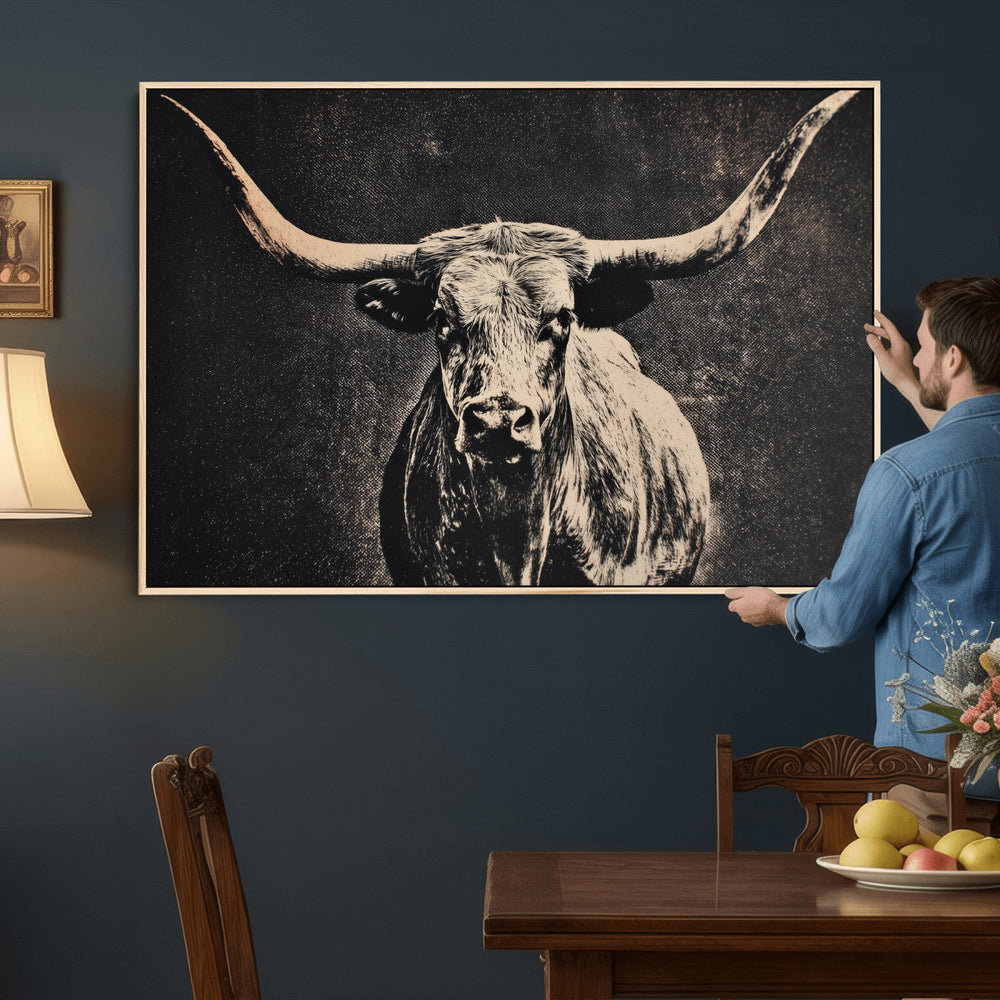 Vintage Texas Longhorn Bull Wall Art Canvas Print, Cow