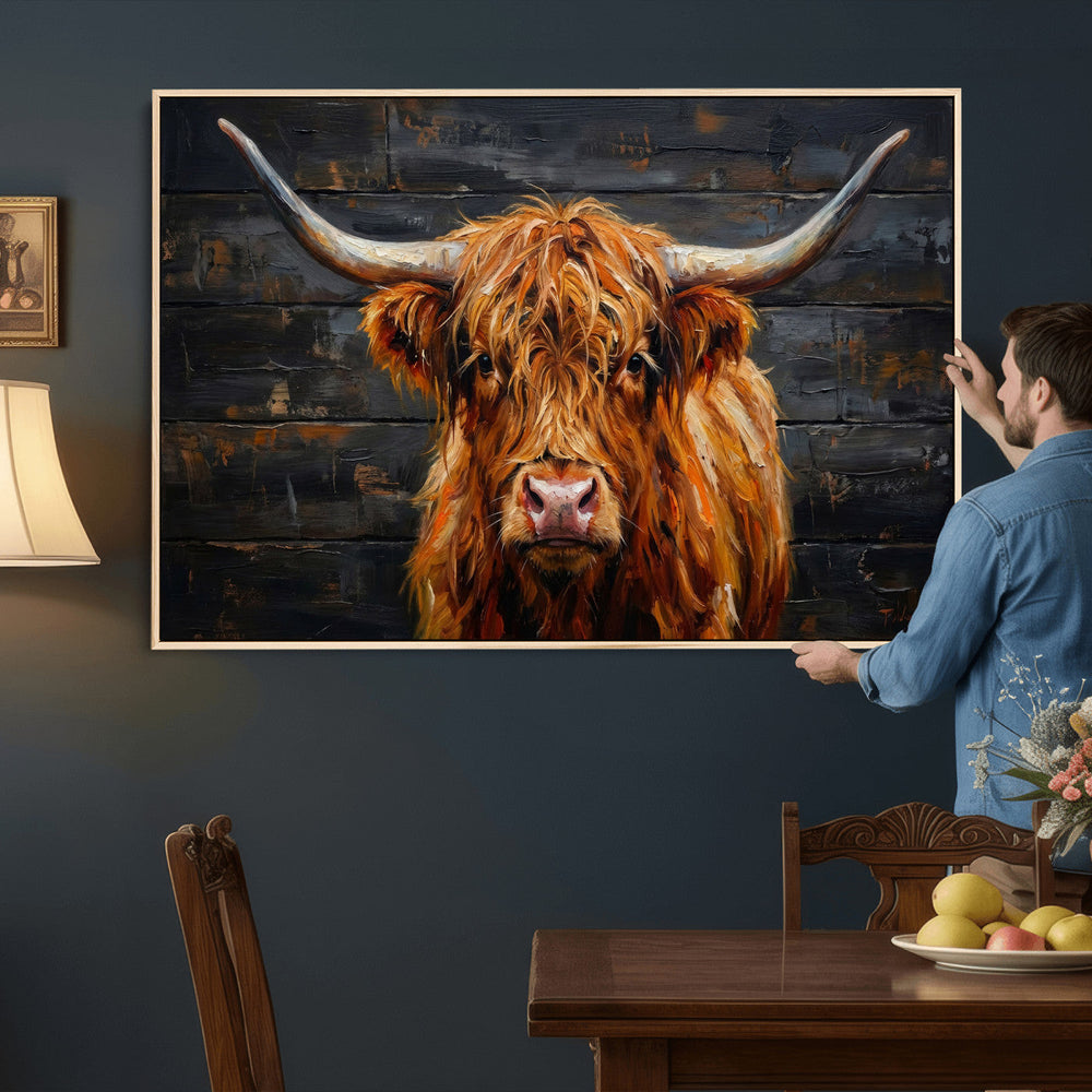 Highland Cow Wall Art Canvas Print, Rustic Farm Animal