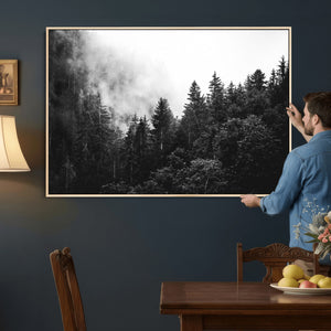 Black White Forest Wall Art Canvas Print, Misty Pine Tree