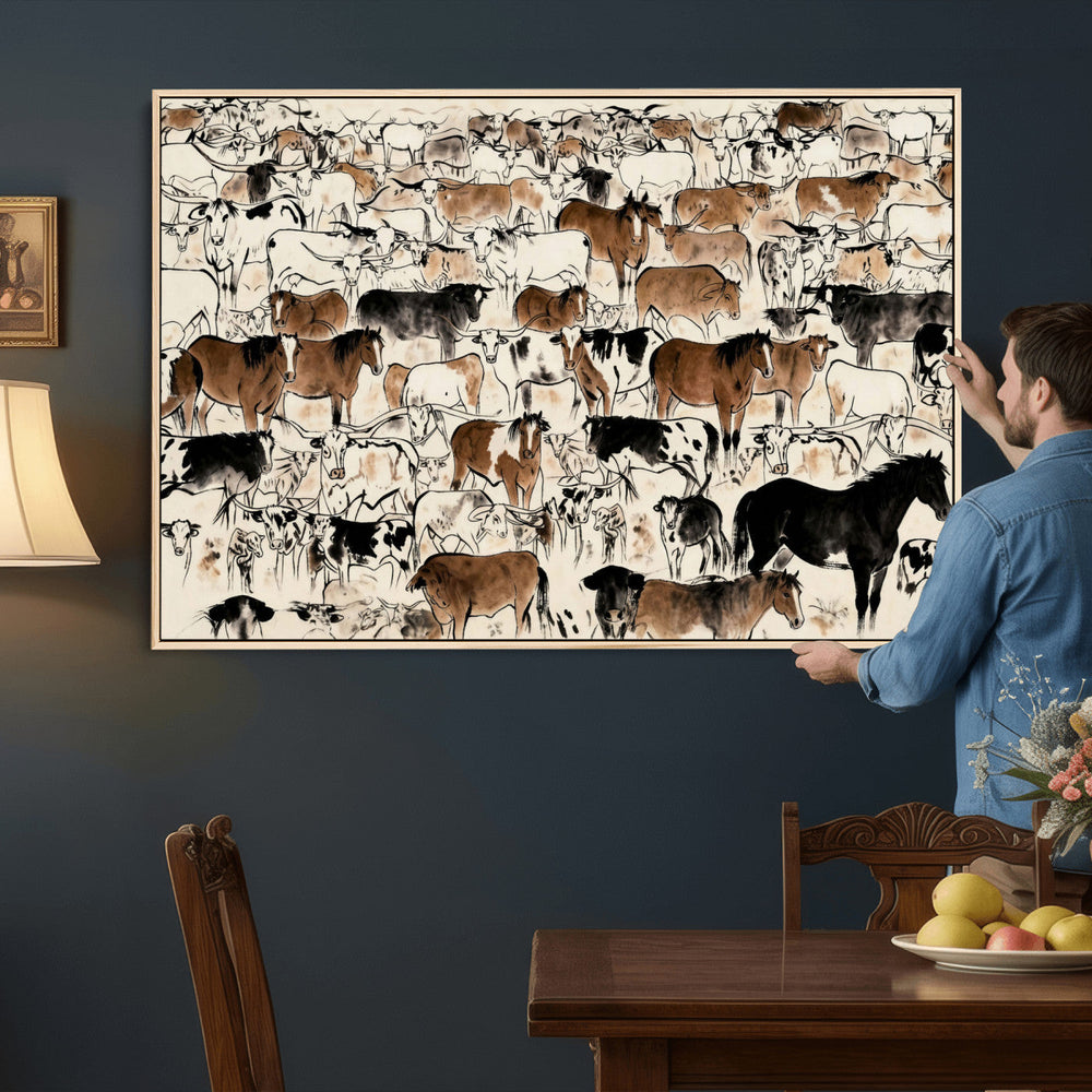 Farmhouse Animals Horse Longhorn Cow Wall Art Canvas Print -