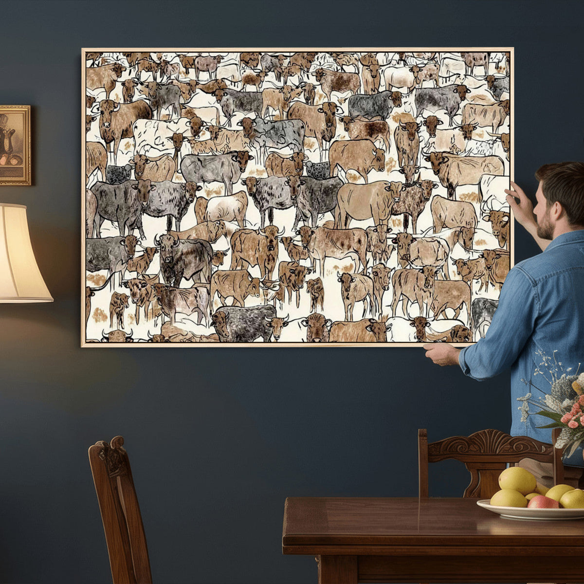 Abstract Longhorn Wall Art Canvas Print - Cow Animal Drawing
