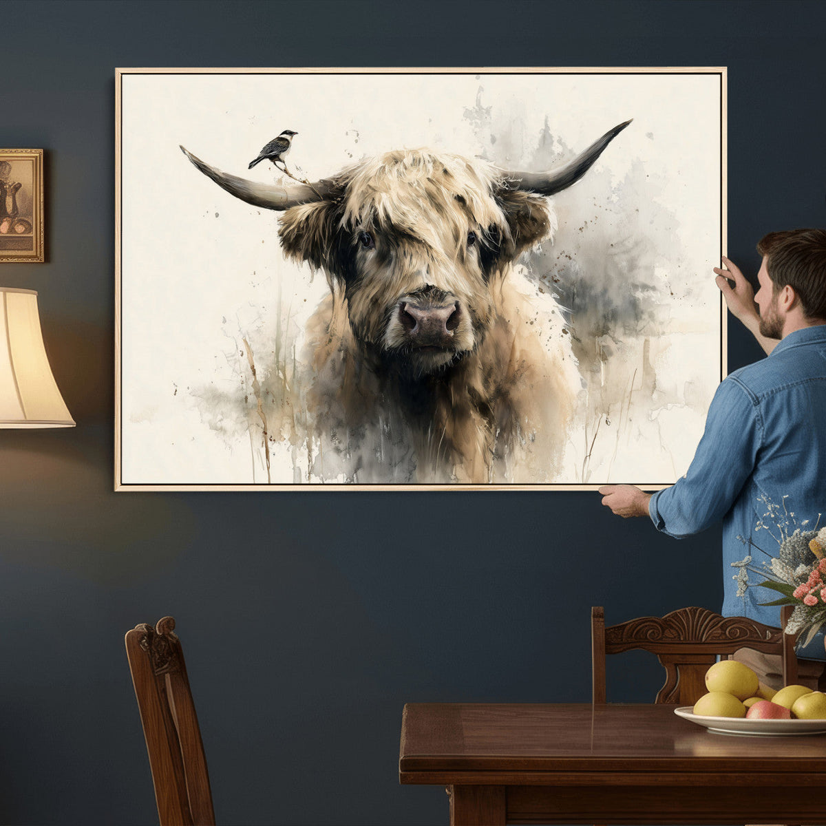 Abstract Highland Cow Wall Art Canvas Print, Rustic Farm