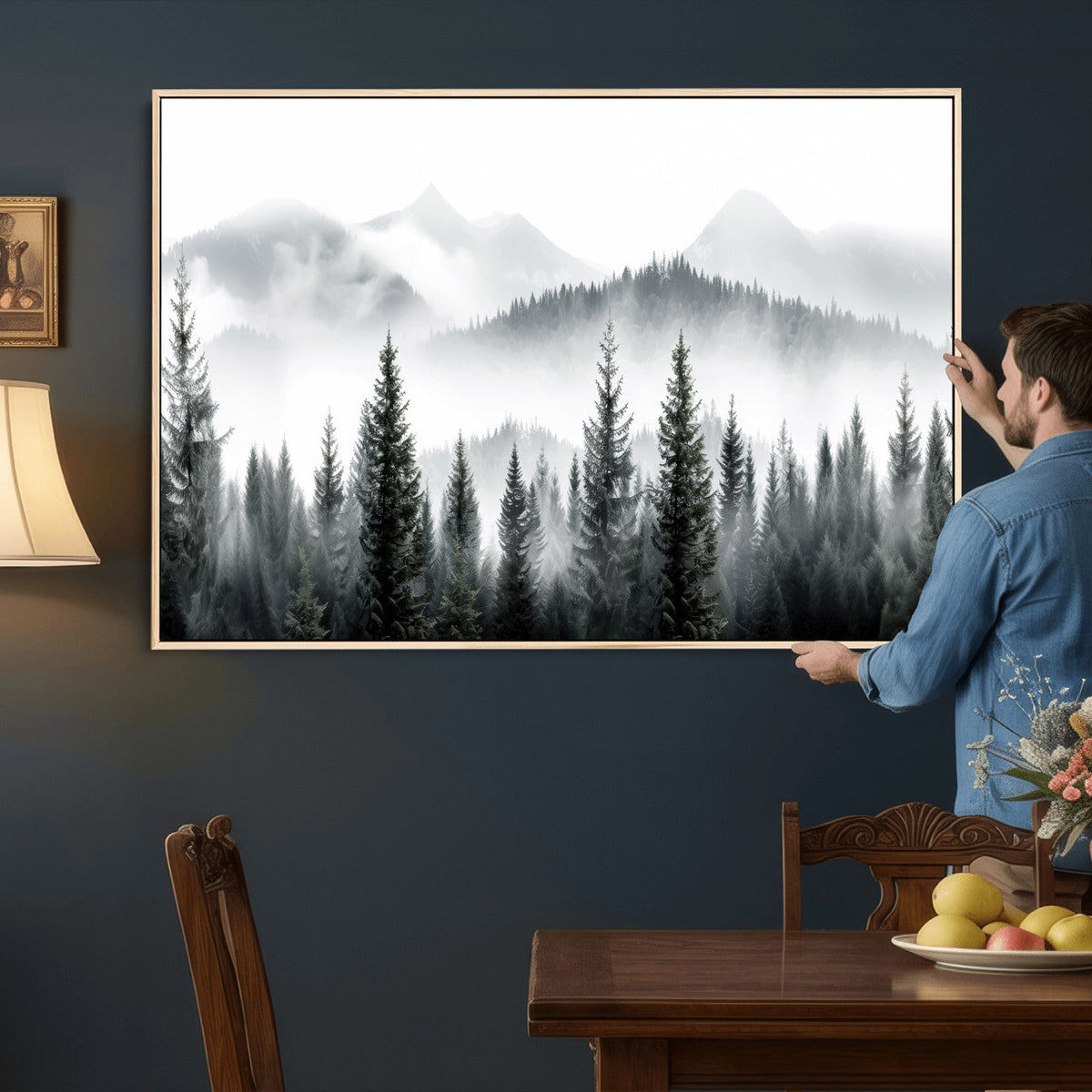 Misty Pine Forest Mountain Landscape Wall Art Canvas Print