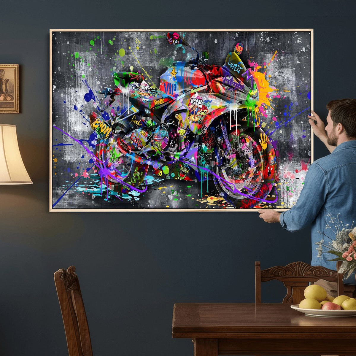 Graffiti Motorcycle Wall Art Canvas Print, Urban Street Art