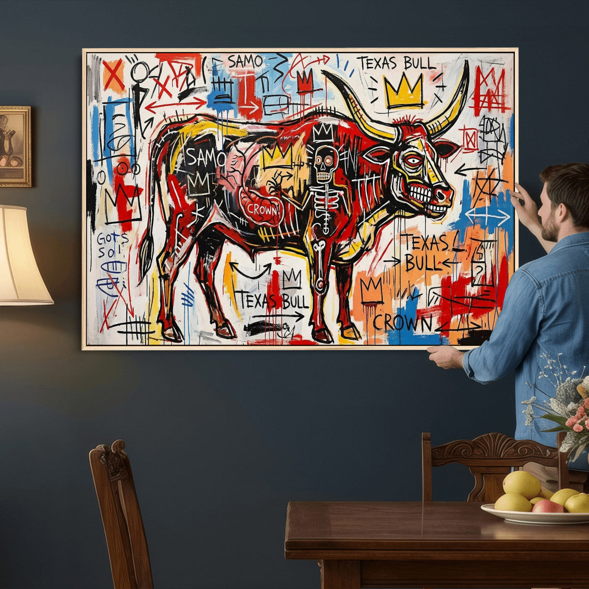 Texas Bull Wall Art Canvas Print, Abstract Graffiti Bull