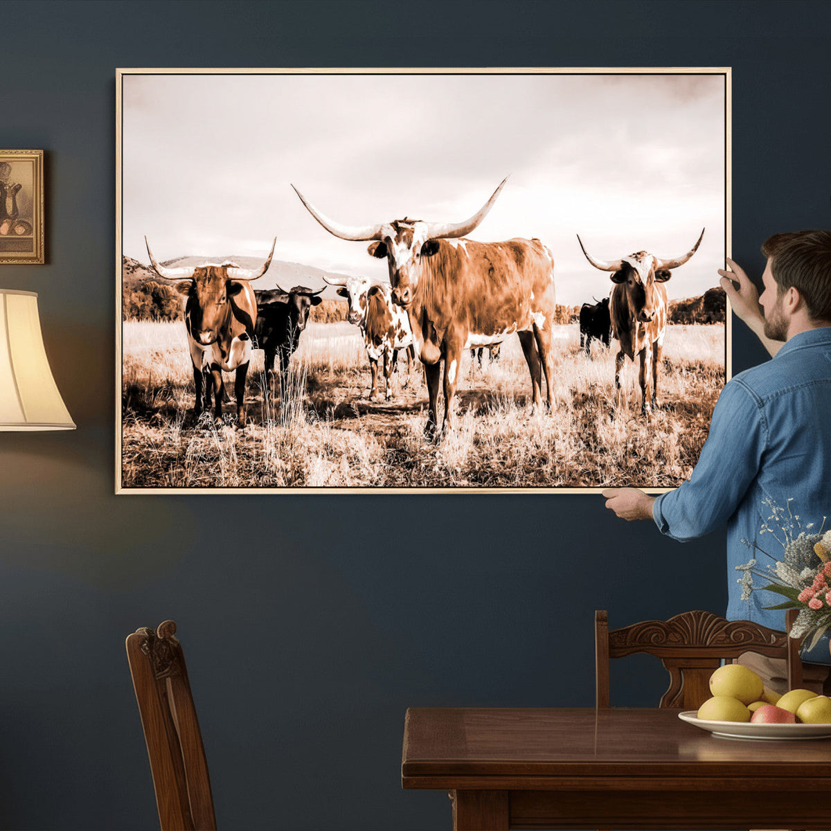 Texas Longhorn Cattle Wall Art Canvas Print, Sepia Western