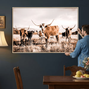 Texas Longhorn Cattle Wall Art Canvas Print, Sepia Western