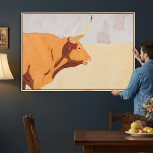 Minimal Longhorn Bull Wall Art Canvas Print, Neutral Western