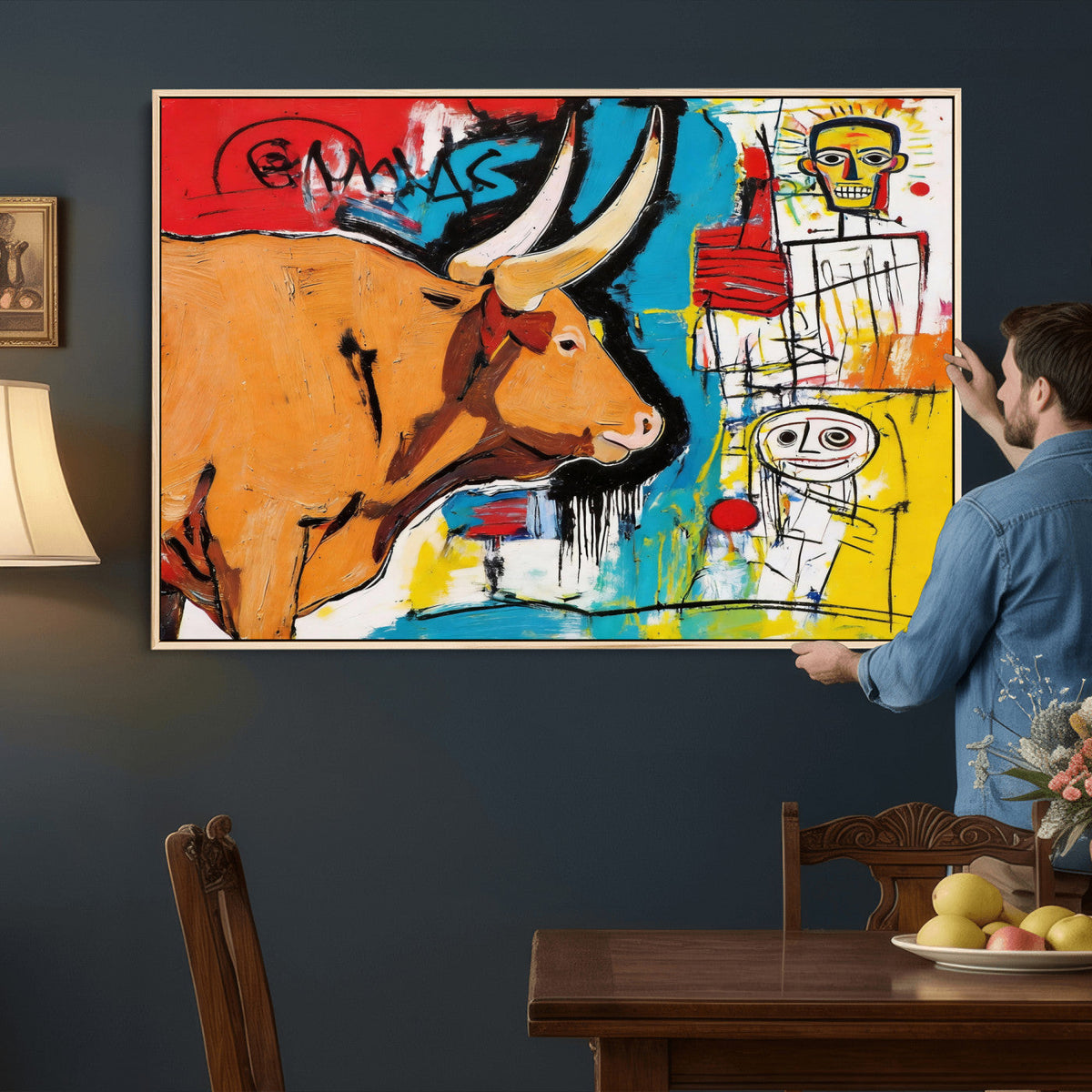 Basquiat Style Bull Graffiti Wall Art Canvas Print, Street
