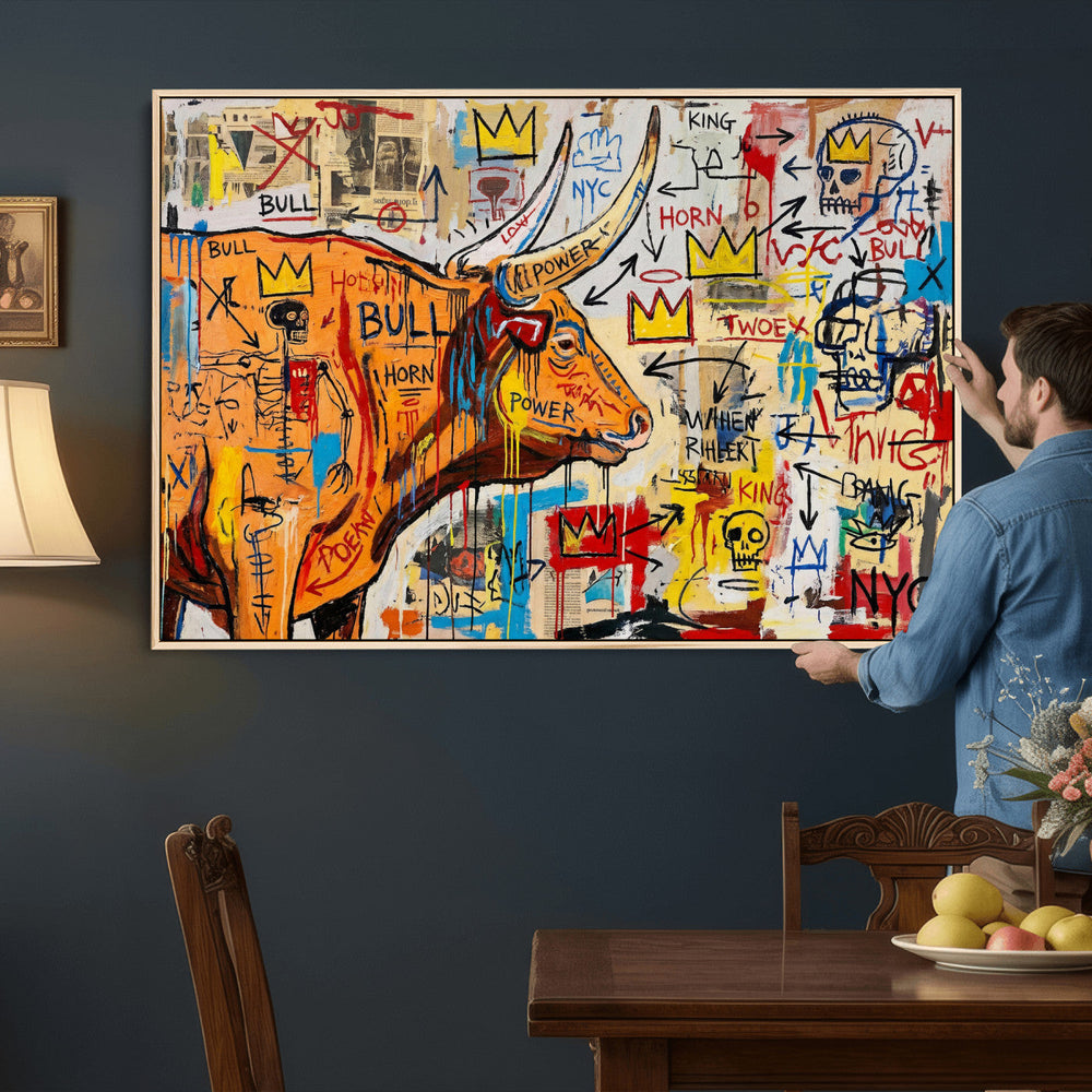 Basquiat Style Bull Graffiti Wall Art Canvas Print, Street