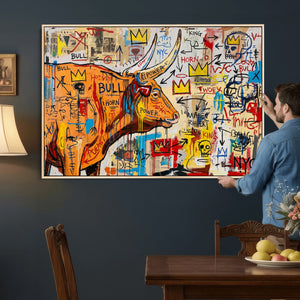 Basquiat Style Bull Graffiti Wall Art Canvas Print, Street
