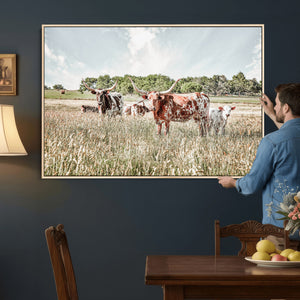 Texas Longhorn Cattle Wall Art Canvas Print, Rustic Ranch